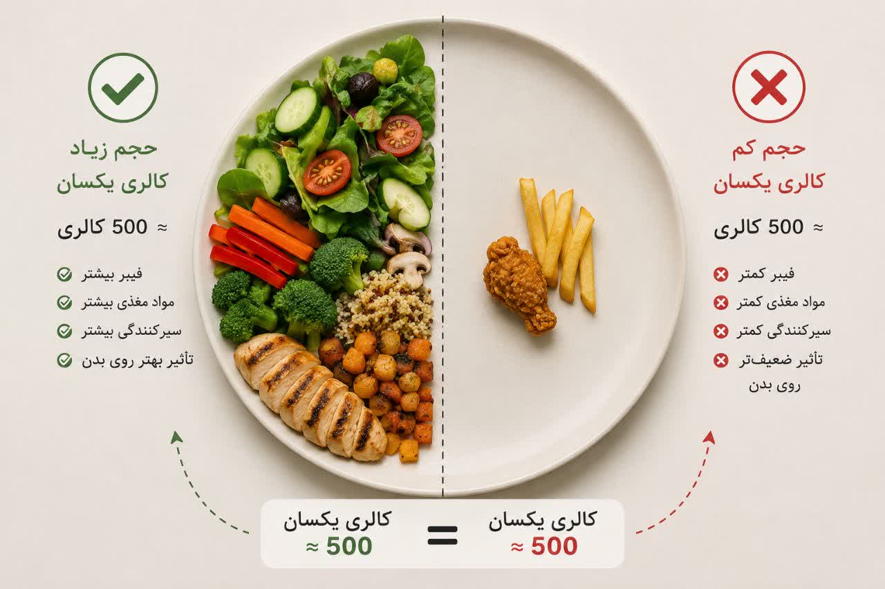 چرا وزن کم نمیکنم؟ 7 اشتباه رایج در کاهش وزن 3 مقایسه کالری غذای سالم و ناسالم