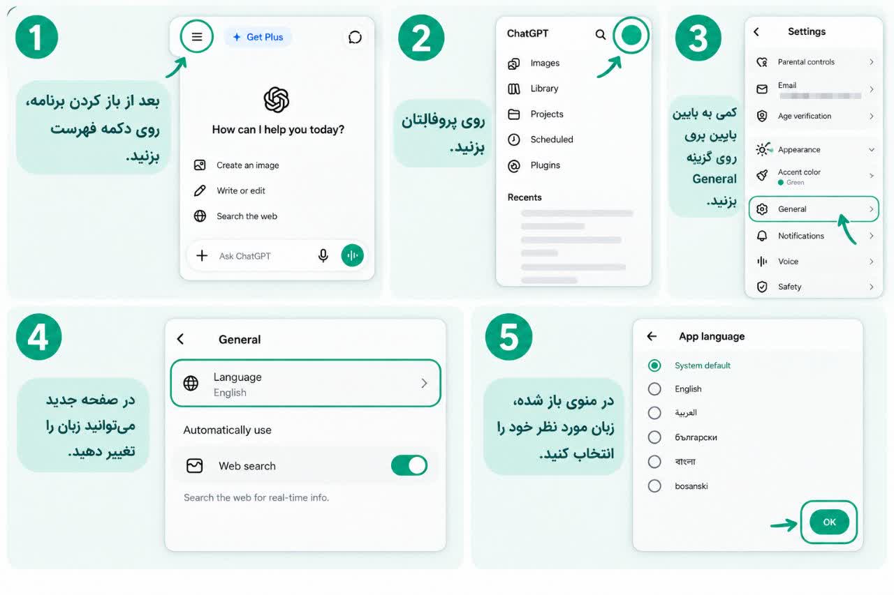 چت جی پی تی (ChatGPT) چیست؟ راهنمای کامل استفاده در سال 2026 5 راهنمای تغییر زبان در چت جی پی تی